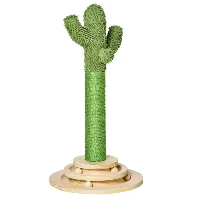 PawHut Cactus praskalno drevo za odrasle mačke in mačkone, vrv iz sisala in lesen podstavek z žogo, 32x32x60cm, zeleno