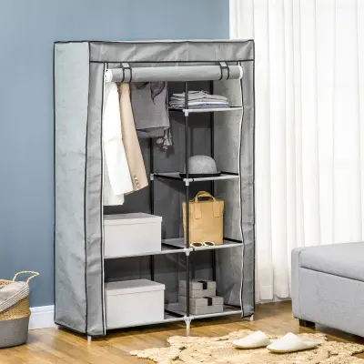 HOMCOM Prenosna garderobna omara iz jekla, netkanega tekstila in PP s 6 odprtimi policami, 1 obešalnikom in dvižnimi vrati, 103x43x162,5 cm, siva