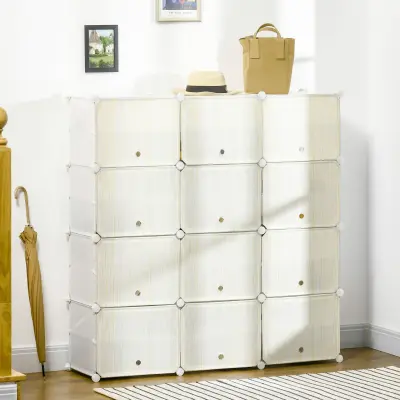 HOMCOM Prostorsko varčna modularna notranja omara za čevlje z odprtinami za prezračevanje, 12 kock iz PP plastike in jekla, 125x32x125cm, bela, prosoj