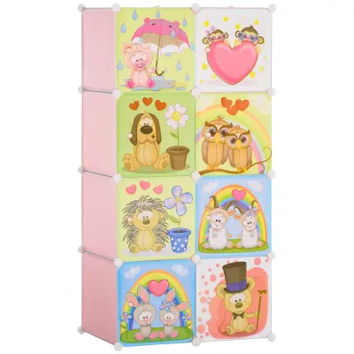 HOMCOM Modularna notranja omara za čevlje z živalskimi vzorci, 8 kock iz PP plastike in jekla 35x45x35cm, 74x47x144cm, roza