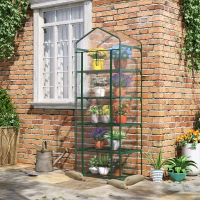 Outsunny Mini rastlinjak za vrt in teraso s 5 policami za vrtnine, jeklena konstrukcija in PVC pokrov, 69x49x193cm