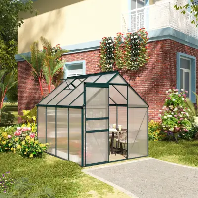 Outsunny polikarbonatni vrtni rastlinjak 190x253x199cm, z odpiralnim oknom in drsnimi vrati, aluminijast okvir, zelene barve
