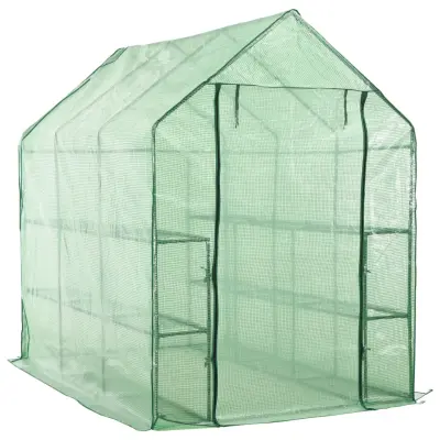 vidaXL Rastlinjak z vhodom in 12 policami jeklo 143x214x196 cm