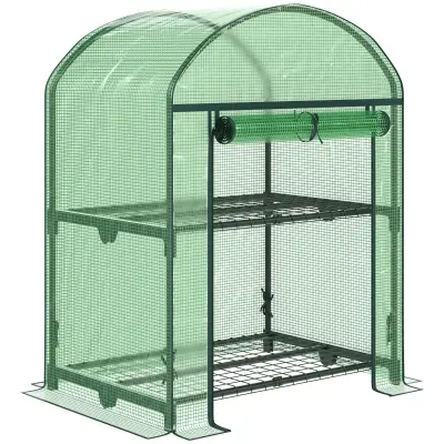 Outsunny mini vrtni rastlinjak z dvema kovinskima policama in pokrovom iz PE, kompakten balkonski in terasni rastlinjak 69x49x91 cm, zelen