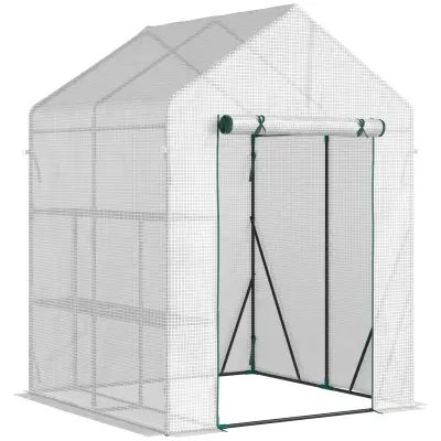 Outsunny jekleni vrtni rastlinjak s PE pokrovom, rastlinjak za rastline z 2 policama in dvižnimi vrati, 143x143x195cm, bela barva
