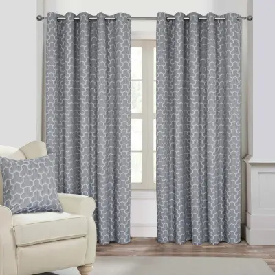 Homescapes Grey Geometric Jacquard Blackout Eyelet Curtain Par, 167x182 cm