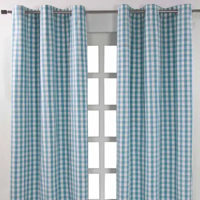 Homescapes Bombažne modre blokovne gingham zavese Eyelet 117x137 cm