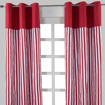 Homescapes Thick Red Stripe Ready Made Eyelet Curtain Pair, 137x182 cm Drop