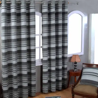 Homescapes Cotton Morocco Striped Grey Curtain Pair, 165x183 cm Drop