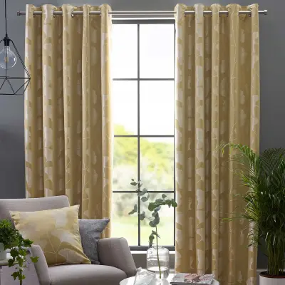 Homescapes Ochre Ginkgo Eyelet Curtain Par - 117x183 cm