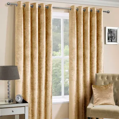 Homescapes Mustard Gold Luxury Crushed Velvet Lined Eyelet Curtain Par, 117x182 cm
