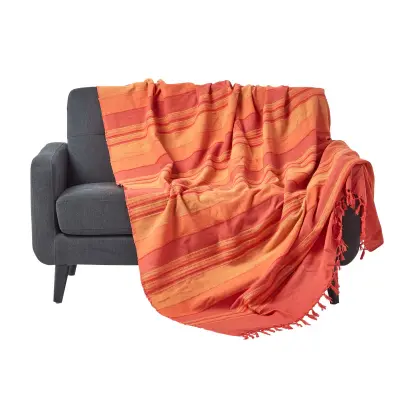 Bombažna črtasta odeja Homescapes Morocco Terracotta, 225x255 cm