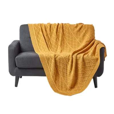 Bombažna odeja Homescapes Mustard Diamond Cable Knit, 150x200 cm