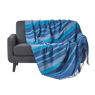 Bombažna odeja Homescapes Morocco Striped Blue, 150x200 cm