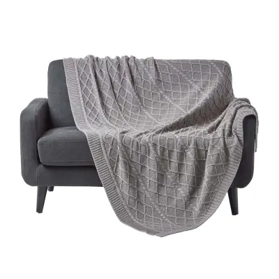 Bombažna odeja Homescapes Grey Diamond Cable Knit, 130x170 cm