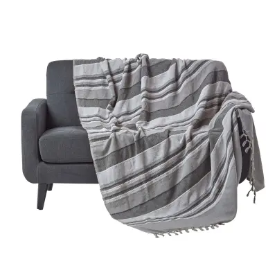 Bombažna odeja Homescapes Morocco Striped Grey, 225x255 cm