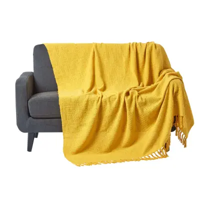 Homescapes Nirvana Slub Cotton Ochre Yellow Blanket, 255x360 cm
