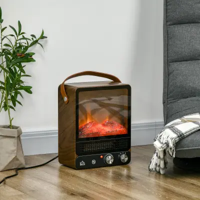 HOMCOM Realističen električni kamin z LED-plamenskim učinkom, 3 načini ogrevanja, varnostnim stikalom in ročajem, 30,3x17,5x37,4cm, črna in oreh