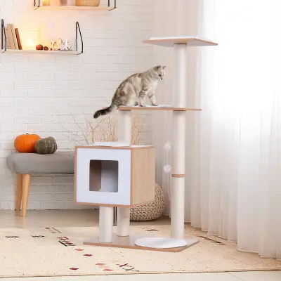 PawHut praskalnik za mačke, visok 120 cm, s platformo za pesjak in igrali iz sisala, les MDF 71,5x49,5x120 cm, bela barva