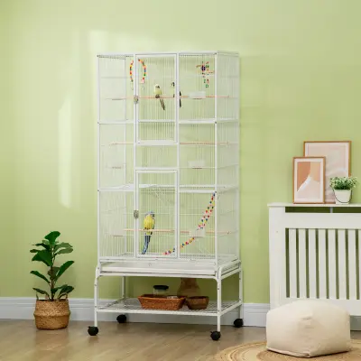 PawHut Kletka za ptice iz jekla in PP z gredicami, igračami, posodami za hrano in odstranljivim pladnjem, 83x53x180cm, bela