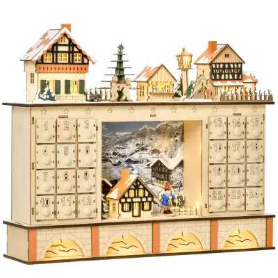 HOMCOM Leseni adventni koledar s 24 predali za polnjenje, dekoracija z božično vasjo in lučkami, 44 × 10 × 37 cm