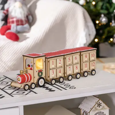 HOMCOM Božični adventni koledar Vlak z vozečim Božičkom in priloženo lučko LED, iz vezanega lesa, 40x8x11 cm, les in rdeča barva