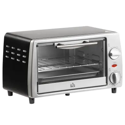 HOMCOM Električna pečica 10L z nastavljivo temperaturo in časovnikom, vključena rešetka in ponev, 750W, 36,5x26x22cm, srebrno črna