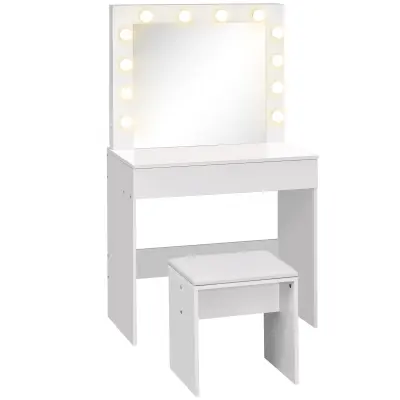 HOMCOM Komplet mizice za ličenje z ogledalom, 12 lučkami LED, oblazinjenim stolčkom in velikim lesenim predalom, 80 × 40 × 140 cm, bela