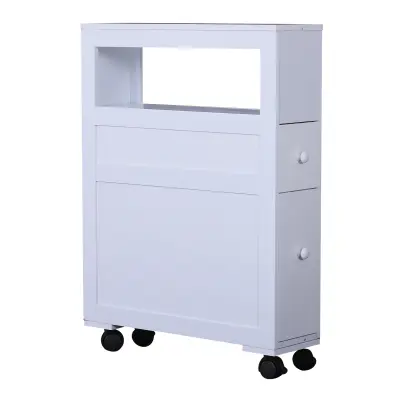 HOMCOM Kopalniška omarica 2 predala za varčevanje s prostorom in 4 kolesi Les 16x52x71,5 cm Bela