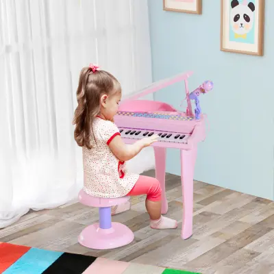 HOMCOM otroški klavir, električni glasbeni instrument s 37 osvetljenimi tipkami, mikrofonom in stolčkom, 48x39x69 cm, roza