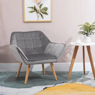 HOMCOM Fotelj v nordijskem slogu iz lesa in z učinkom sivega žameta za dnevno sobo ali pisarno, 64x62x72,5 cm