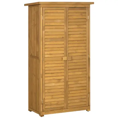 Outsunny Lesena vrtna lopa z vodoodporno streho, zunanja škatla za orodje s 3 policami, 87x46,5x160cm