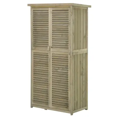 Outsunny lesena vrtna lopa z nepremočljivo streho, zunanja škatla za orodje s 4 predali, 87x46,5x160cm