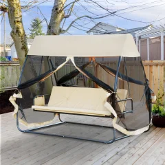 Outsunny Vrtna postelja Rocker z mrežo proti komarjem Svetla kava, 3-sedežna zložljiva gugalnica za zunanjo uporabo in balkon 240x140x197cm
