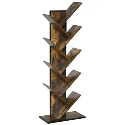 HOMCOM lesena knjižna omara z drevesom, prostorsko varčen stolpni regal z 10 policami v industrijskem slogu, 50x28x142cm