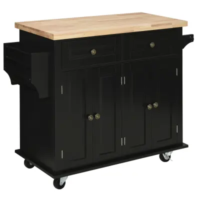 HOMCOM Kuhinjski voziček s predali, omaricami, stojalom za začimbe in 4 kolesi, les in MDF, 111x44,5x82,5 cm, črn