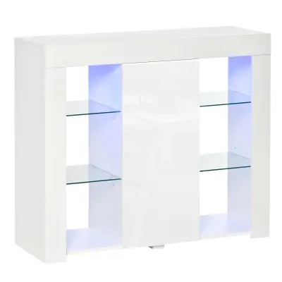 HOMCOM Moderna bočna omara z vrati z LED-lučmi in steklenimi policami, večnamenska lesena omara s polirano površino, 97x35x83cm, bela