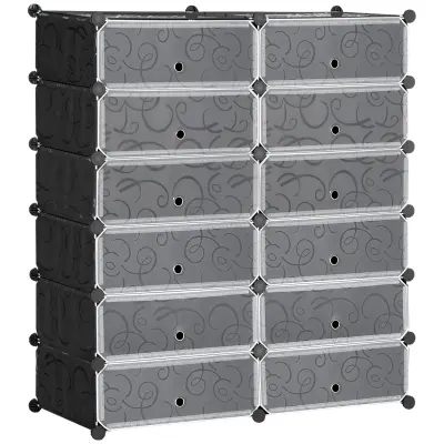 HOMCOM Modularna omara za čevlje, ki varčuje s prostorom, 12 kock 45x35x16 cm iz PP plastike in jekla, 94x37x108 cm, črno-bela