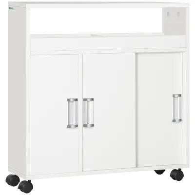 kleankin Kopalniška omarica z drsnimi vrati, nastavljivo polico in 4 kolesi iz iverne plošče in aluminijeve zlitine, 70x20x71cm, bela