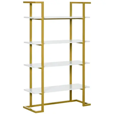 HOMCOM 4-stopenjska pokončna in večnamenska knjižna omara, MDF in jeklo, 92x35x152cm, bela in zlata