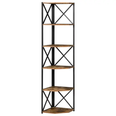 HOMCOM stenska vogalna knjižna omara, lesena in kovinska polica v industrijskem slogu s 5 policami, 39x39x175cm, rustikalno rjava