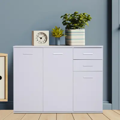 HOMCOM pisarniška omara 3 omarice 2 predala Les 106x35x76cm Bela