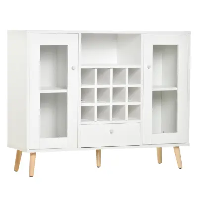 HOMCOM Moderna kuhinjska kredenca z vinsko kletjo za 12 steklenic, predalom in lesenimi omaricami 100x33x80cm Bela
