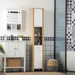 Kleankin Visoka omarica za kopalnico iz ivernih plošč z 1 predalom, 2 omaricama in 2 nastavljivima odprtima policama, 37x30x184cm, bela in v barvi les