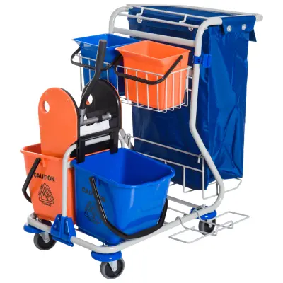 HOMCOM Profesionalni voziček za čiščenje s 4 vedri 18l/6l in vodoodporno vrečko za odpadke, modra in oranžna barva, 100x70x103cm