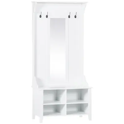 HOMCOM Talni obešalnik z ogledalom Škatla za čevlje s 4 kljukami Les 80x40x170cm Bela