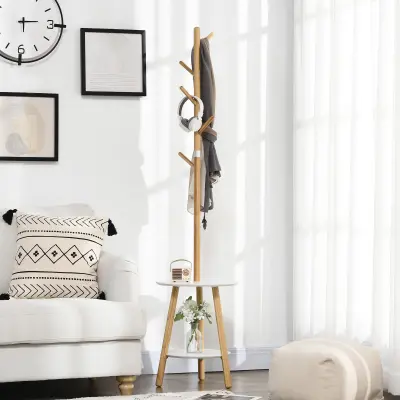 HOMCOM Talni obešalnik v predsobi iz MDF in aluminija s 5 bambusovimi kavlji in okroglo mizico, 39,5x39,5x171 cm, lesena in bela barva