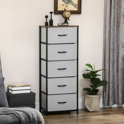 HOMCOM Komoda s 5 predali v industrijskem slogu, komoda za spalnico s snemljivimi predali iz blaga, les in jeklo, 45x30x116cm