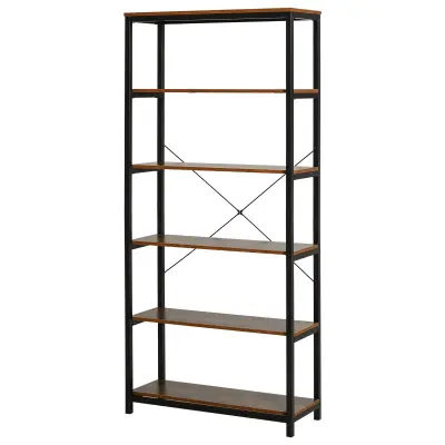 HOMCOM Knjižnica v vintage industrijskem slogu s 6 lesenimi in črnimi kovinskimi policami, 80x30x180cm