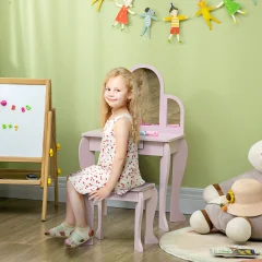 HOMCOM otroška mizica za ličenje za otroke od 3 do 6 let s stolčkom, predali in pripadajočim ogledalom iz akrila, MDF in borovega lesa, roza